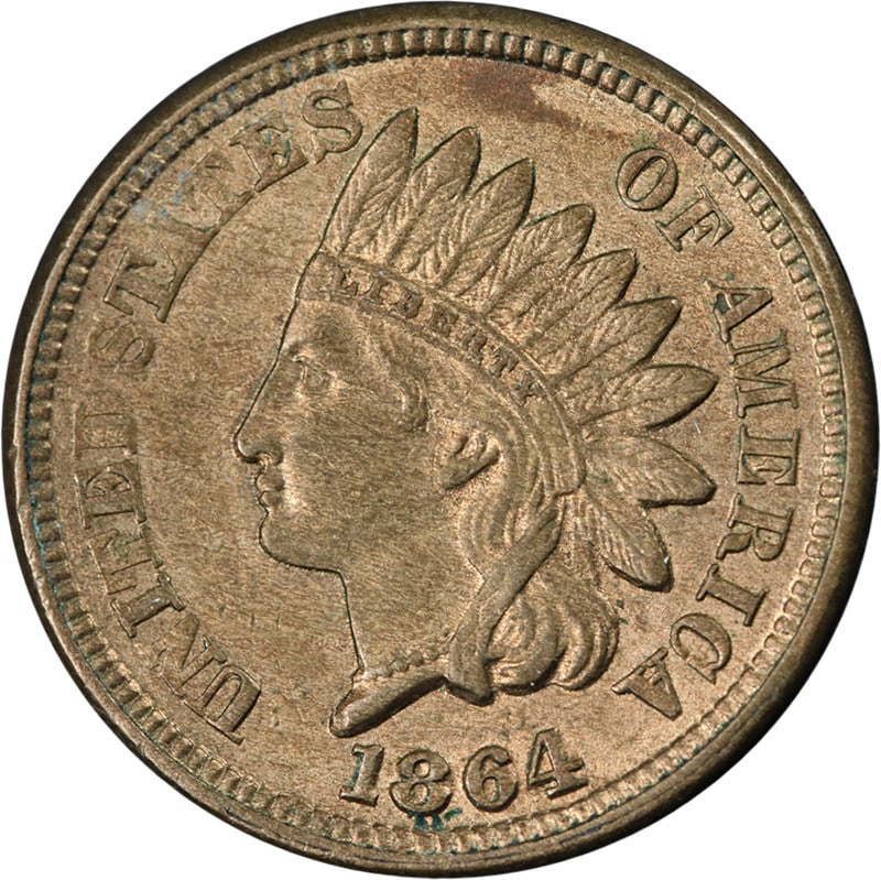 1864 Copper-Nickel Indian Cent Choice AU BU Strong Strike: 1864 Copper-Nickel Indian Cent Choice AU BU Strong Strike This stunning 1864 Copper-Nickel Indian Cent is graded as Choice AU/BU, showcasing exceptional eye appeal and a strong strike. The coin featur