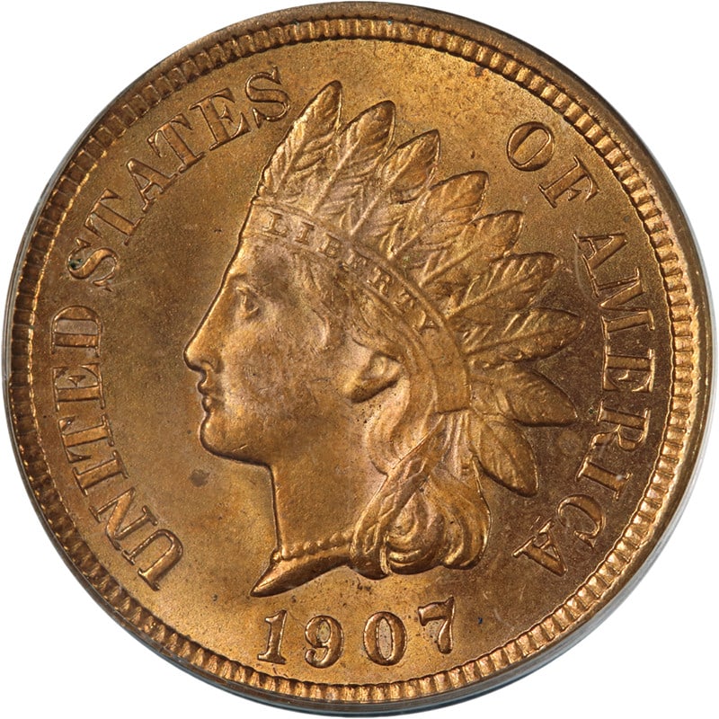 PCGS MS64 RD 1907 Indian Head Cent Old Green Holder Full Red: PCGS MS64 RD 1907 Indian Head Cent Old Green Holder Full Red This 1907 Indian Cent is certified by PCGS as MS64 RD, featuring a full red gem appearance. The coin displays superb eye appeal with excell