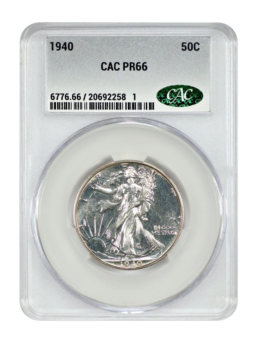 1940 Walking Liberty Half Dollar CACG PR66 Uncirculated: 1940 Walking Liberty Half Dollar CACG PR66 Uncirculated This 1940 Walking Liberty Half Dollar is a stunning example of American coinage, certified by CACG with a grade of PR66, indicating its exceptio