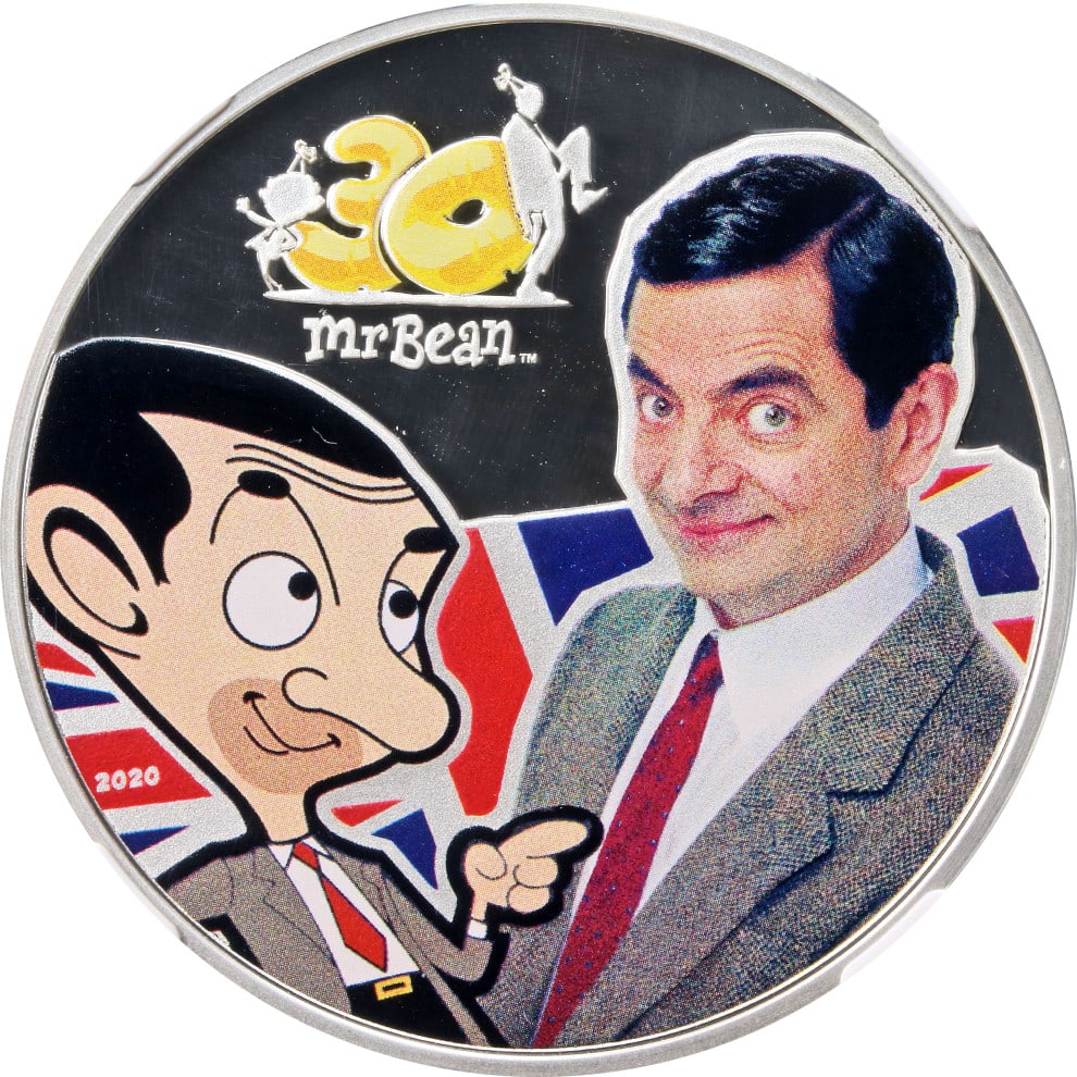 NGC MS70 2020 Cook Islands Mr Bean 30th Anniversary Colorized 1oz Silver Coin: NGC MS70 2020 Cook Islands Mr Bean 30th Anniversary Colorized 1oz Silver Coin This is a 2020 Cook Islands 1oz Silver $5 coin commemorating the 30th Anniversary of Mr Bean. The coin is colorized and ha