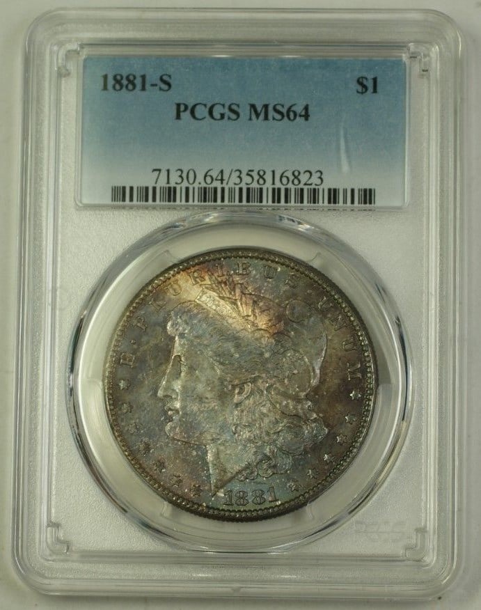 1881-S Morgan Dollar Silver Coin PCGS MS-64 San Francisco Toned $1: 1881-S Morgan Dollar Silver Coin PCGS MS-64 San Francisco Toned $1 This 1881-S US Morgan Silver Dollar features beautiful toning and is graded MS-64 by PCGS. Struck at the San Francisco Mint, this unc