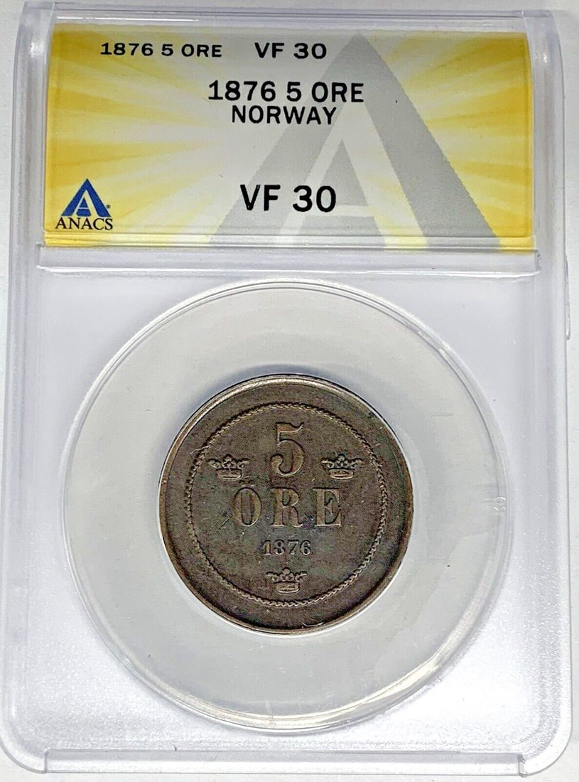 Sweden 1876 Copper 5 Ore ANACS Certified VF 30 Coin: Sweden 1876 Copper 5 Ore ANACS Certified VF 30 Coin This is a 5 Ore copper coin from Sweden minted in 1876. The coin has been certified by ANACS and graded as VF 30, indicating moderate wear with clea