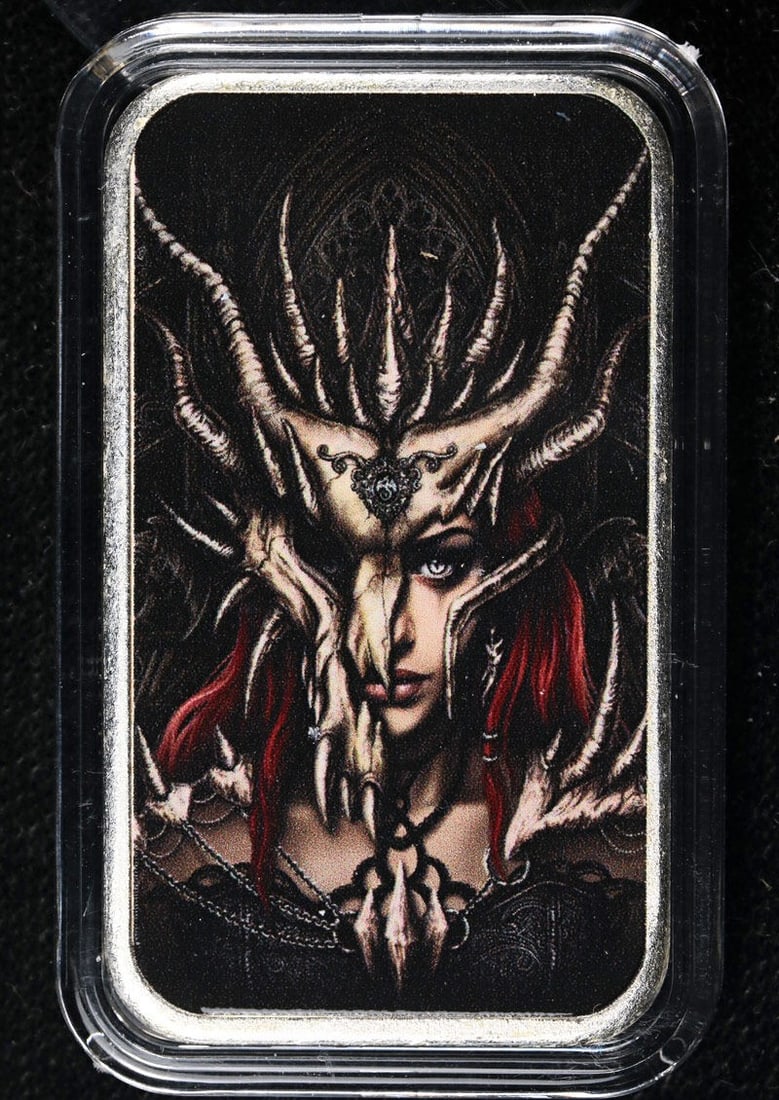 Echoes of Eternity Dragon Mask 1 oz 999 Silver Bar Hayleybug Mint: Echoes of Eternity Dragon Mask 1 oz 999 Silver Bar Hayleybug Mint This Hayleybug Mint 1 ounce silver bar features the Echoes of Eternity Dragon Mask design. Composed of 0.999 fine silver, the bar is i