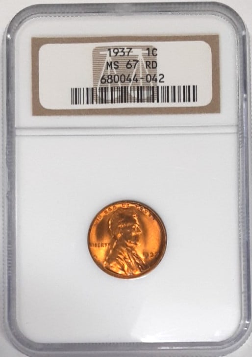 1937 Lincoln Wheat Cent NGC MS-67 Red Bronze Philadelphia Uncirculated: 1937 Lincoln Wheat Cent NGC MS-67 Red Bronze Philadelphia Uncirculated This is a 1937 Lincoln Wheat Cent from the United States, composed of bronze and minted in Philadelphia. The coin is certified by