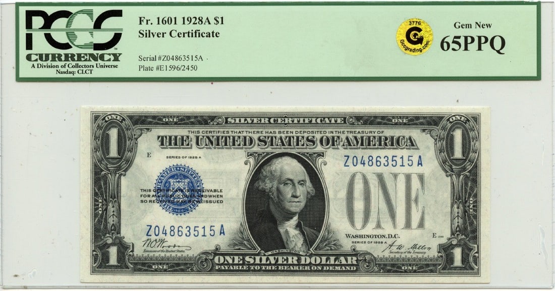 1928A $1 Silver Certificate Fr#1601 PCGS MS65 Uncirculated: 1928A $1 Silver Certificate Fr#1601 PCGS MS65 Uncirculated This 1928A $1 Silver Certificate (Fr#1601) is a remarkable piece of currency history, certified by PCGS Currency with a grade of GEM 65 PPQ.