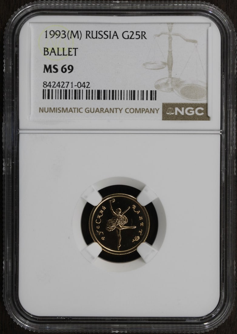 1993 Russia 25 Rouble Gold Ballet Coin NGC MS69 1/10 oz: 1993 Russia 25 Rouble Gold Ballet Coin NGC MS69 1/10 oz This 1993 Russia 1/10 oz 25 Roubles gold coin commemorates ballet and is graded MS69 by NGC. Struck in the Federation period, this uncirculated