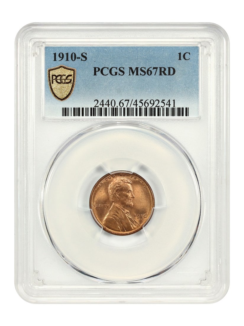 1910 San Francisco Lincoln Wheat Cent PCGS MS67 Red Uncirculated: 1910 San Francisco Lincoln Wheat Cent PCGS MS67 Red Uncirculated This 1910-S Lincoln Cent (Wheat Reverse) is graded MS67 Red (RD) by PCGS and originates from the San Francisco Mint. Featuring full red