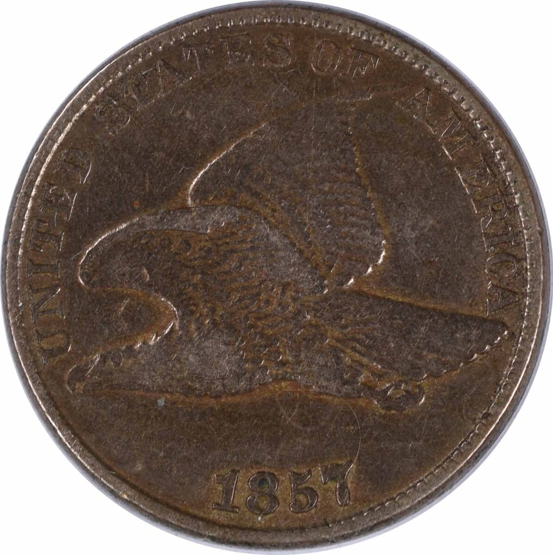1857 Flying Eagle Cent XF Uncertified Coin 88% Copper 12% Nickel: 1857 Flying Eagle Cent XF Uncertified Coin 88% Copper 12% Nickel This 1857 Flying Eagle Cent is an exceptional piece of American numismatic history. Featuring a design by James Barton Longacre, this c