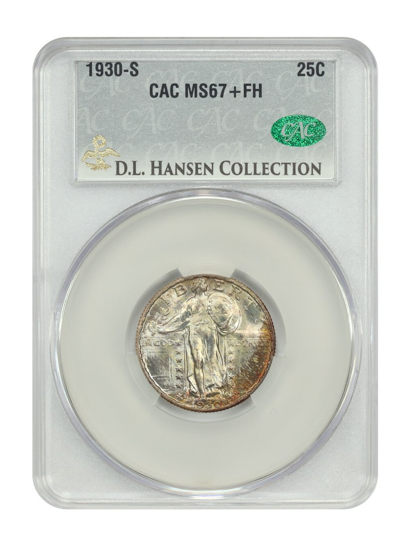 1930-S CACG MS67+FH Standing Liberty Quarter D.L. Hansen Provenance: 1930-S CACG MS67+FH Standing Liberty Quarter D.L. Hansen Provenance This 1930-S Standing Liberty Quarter is a stunning piece certified by CACG with a certification number of 356823387. Graded at MS67+