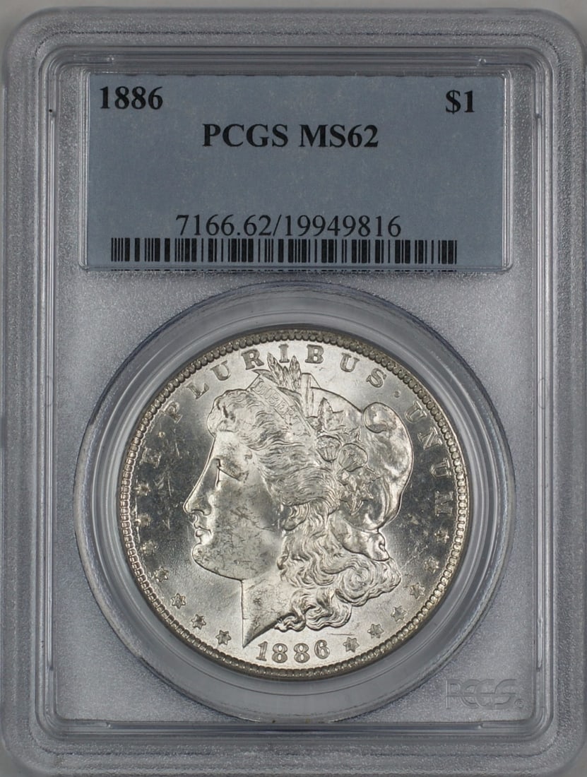 PCGS MS62 1886 Silver Morgan Dollar Uncirculated Philadelphia Mint: PCGS MS62 1886 Silver Morgan Dollar Uncirculated Philadelphia Mint This is an 1886 Morgan Silver Dollar $1 coin graded MS-62 by PCGS. Struck in Philadelphia, this uncirculated coin is composed of silv