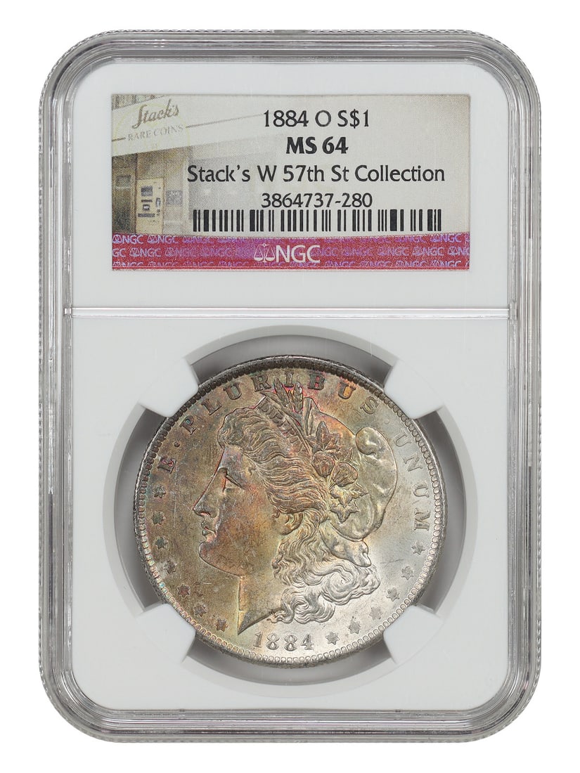NGC MS64 1884 New Orleans Morgan Silver Dollar $1 Coin: NGC MS64 1884 New Orleans Morgan Silver Dollar $1 Coin This is an 1884-O Morgan Dollar graded MS64 by NGC. It is an uncirculated coin minted in New Orleans and belongs to the Morgan Dollar series. The