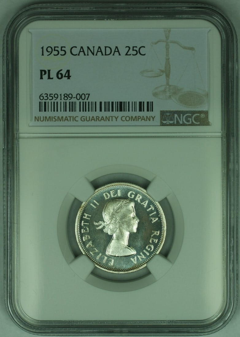 NGC Certified 1955 Canadian 25C Silver Coin PL-64 Grade: NGC Certified 1955 Canadian 25C Silver Coin PL-64 Grade This is a 1955 Canada 25 cent coin graded PL-64 by NGC. The coin is uncirculated and features a fineness of 0.8. It is certified by NGC and clas