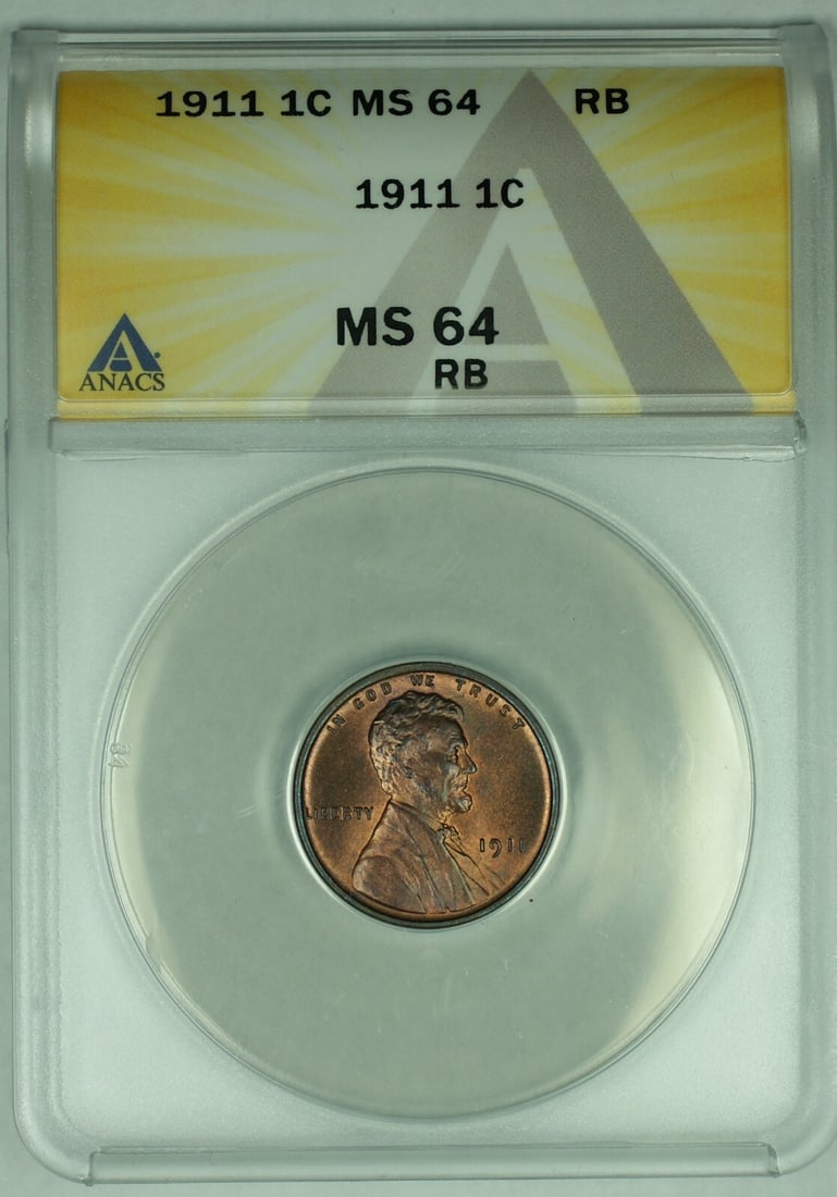 ANACS MS64 RB 1911 Lincoln Wheat Small Cent Uncirculated US Coin (1 of 2)