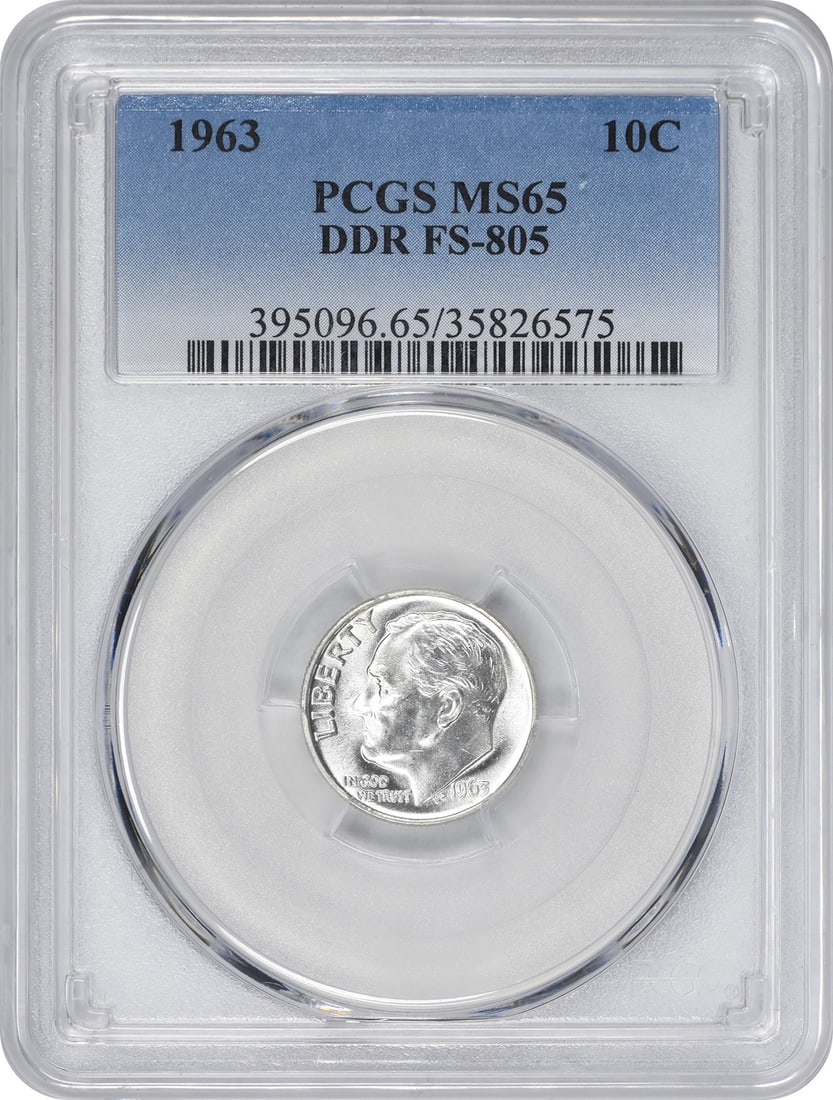 PCGS MS65 1963 DDR FS-805 Roosevelt 90% Silver Dime: PCGS MS65 1963 DDR FS-805 Roosevelt 90% Silver Dime This 1963 Roosevelt Dime is composed of 90% silver and 10% copper. Certified by PCGS with a grade of MS65, this uncirculated coin features the Doubl