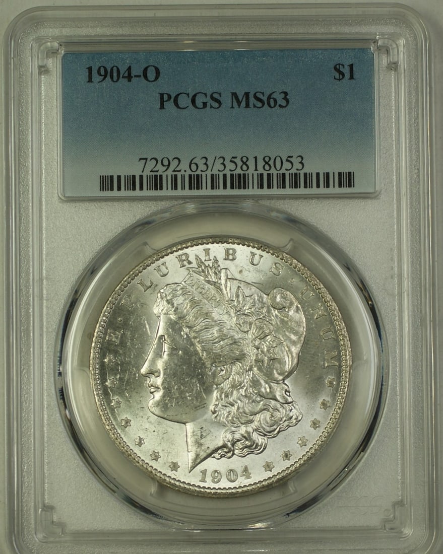 PCGS MS-63 1904-O Morgan Dollar Silver $1 Coin New Orleans Mint: PCGS MS-63 1904-O Morgan Dollar Silver $1 Coin New Orleans Mint This 1904-O Morgan Silver Dollar is a $1 coin from the United States, minted in New Orleans. The coin is composed of silver and is certi