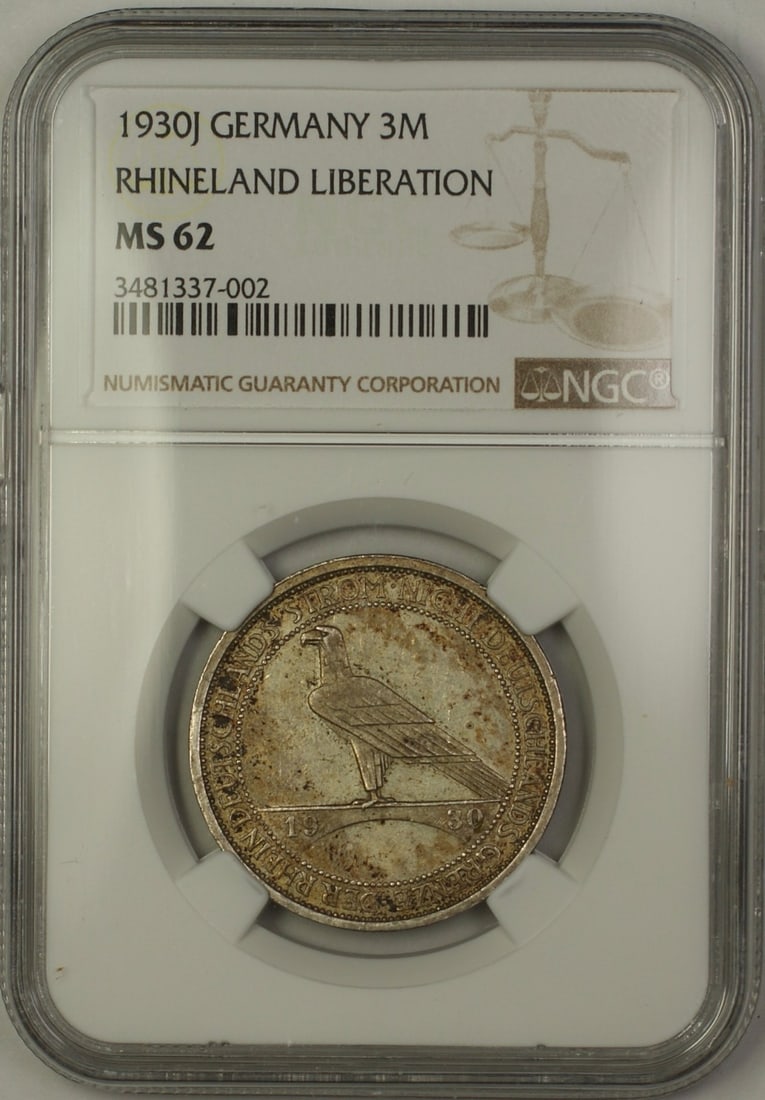 NGC MS62 1930 Germany 3 Marks Silver Coin Rhineland Liberation: NGC MS62 1930 Germany 3 Marks Silver Coin Rhineland Liberation This 1930J Germany Rhineland Liberation Three Marks coin is composed of silver and has been certified by NGC with a grade of MS 62. It is