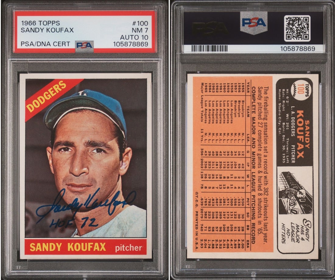 1966 Topps Sandy Koufax Signed Card #100 HOF 72 PSA 7 Auto 10 Dodgers (1 of 1)