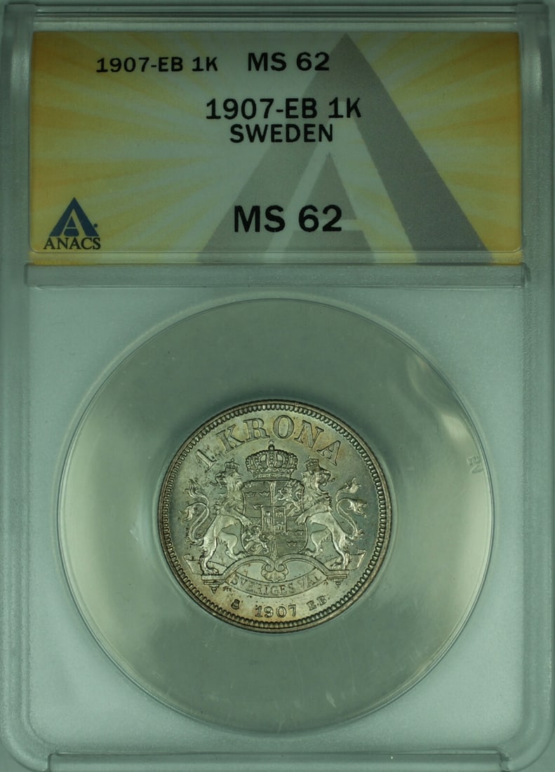 ANACS MS-62 Sweden 1907 1 Krona Silver Coin Oscar II: ANACS MS-62 Sweden 1907 1 Krona Silver Coin Oscar II This 1907-EB Sweden 1 Krona silver coin features King Oscar II and has been graded MS-62 by ANACS. The coin is uncirculated, composed of silver wit