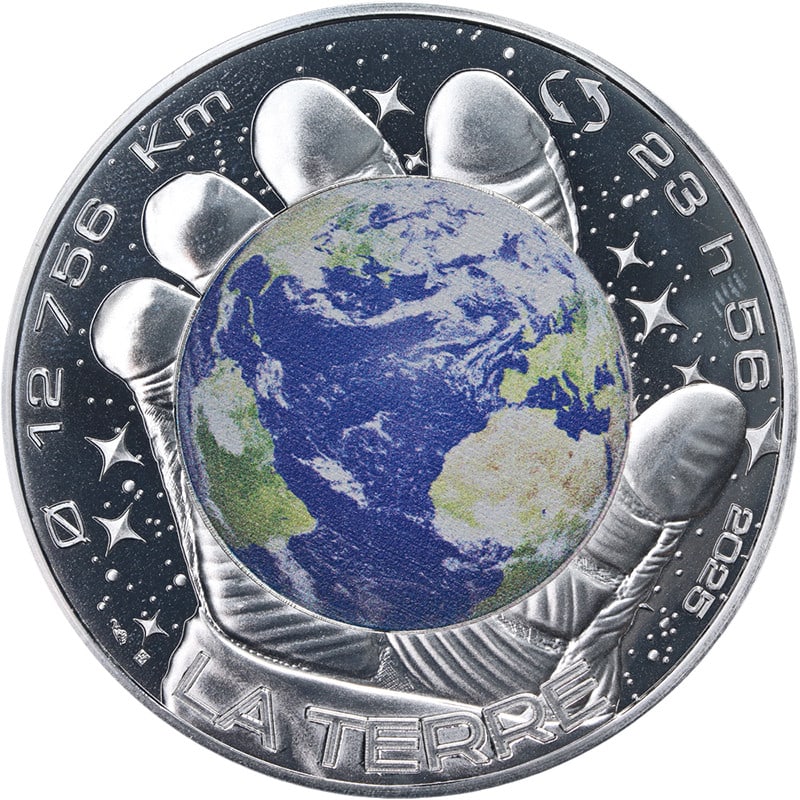 2025 French 100 Euro 45g Silver Space Odyssey Earth Colorized Coin With OGP: 2025 French 100 Euro 45g Silver Space Odyssey Earth Colorized Coin With OGP This 2025 France 100 Euro coin features a "Space Odyssey Earth" colorized design. Struck from 45 grams of .999 fine silver,