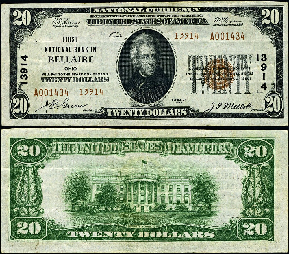 1929 T-2 $20 National Bank Note Bellaire OH Ch #13914 XF: 1929 T-2 $20 National Bank Note Bellaire OH Ch #13914 XF This 1929 T-2 National Bank Note from Bellaire, Ohio, is a notable piece for collectors. Graded as XF (Extremely Fine), it showcases strong ori