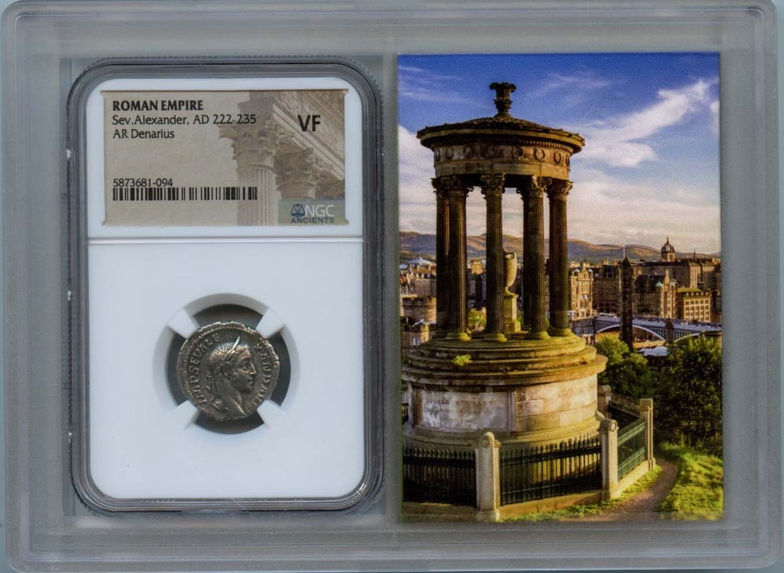 Roman Empire AR Denarius of Severus Alexander NGC VF20 Story Vault: Roman Empire AR Denarius of Severus Alexander NGC VF20 Story Vault This is a Roman Empire AR Denarius issued during the reign of Emperor Severus Alexander (AD 222-235). The coin has been certified by