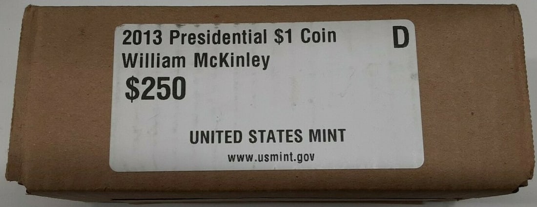 Sealed Box of 250 2013-D McKinley Presidential Uncirculated Dollar Coins: Sealed Box of 250 2013-D McKinley Presidential Uncirculated Dollar Coins This is a sealed box from the U.S. Mint containing 250 uncirculated 2013-D William McKinley Presidential $1 coins. The box incl