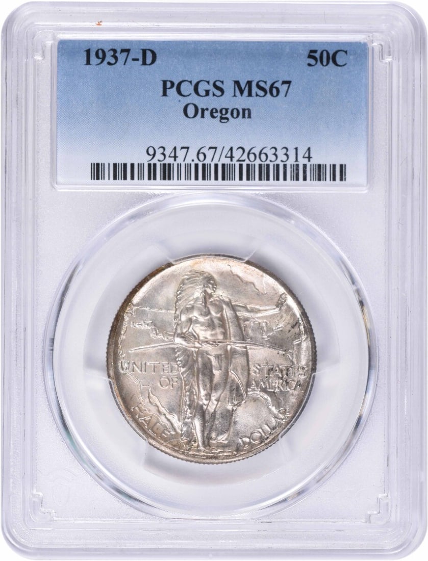 1937-D Oregon Commemorative Silver Half Dollar MS67 PCGS Certified: 1937-D Oregon Commemorative Silver Half Dollar MS67 PCGS Certified This 1937-D Oregon Commemorative Silver Half Dollar is a remarkable collectible, graded MS67 by PCGS. Struck in Denver, this uncircul