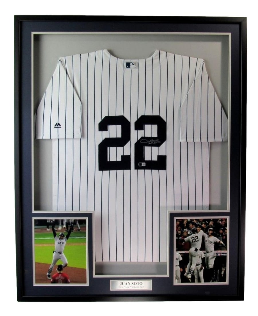 Juan Soto Autographed Framed Yankees Jersey Beckett 192031: Juan Soto Autographed Framed Yankees Jersey Beckett 192031 This is an original autographed jersey of Juan Soto, showcasing his signature prominently. The jersey is framed for display, making it an exc