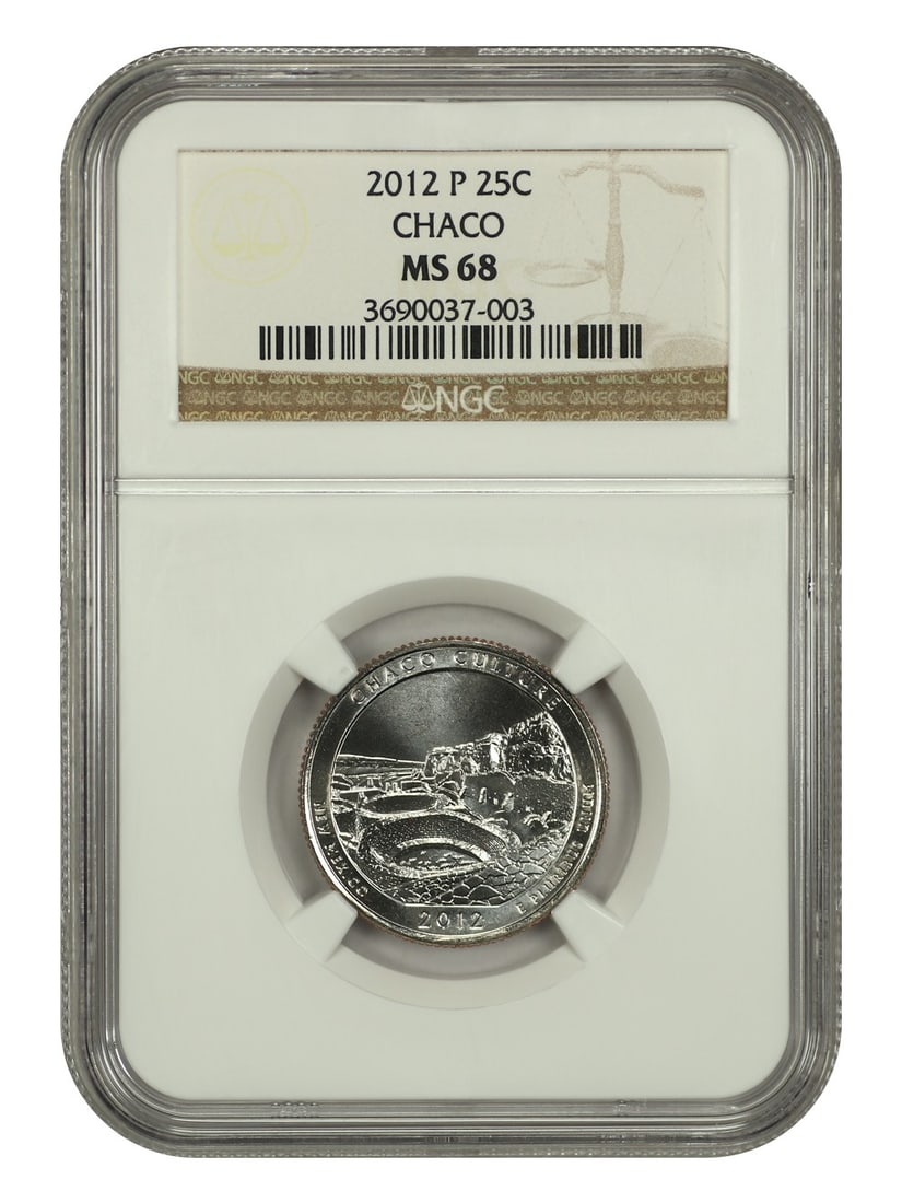 2012-P 25C Chaco Culture NP NGC MS68 Type 1 Clad Coin: 2012-P 25C Chaco Culture NP NGC MS68 Type 1 Clad Coin This 2012-P 25C Chaco Culture National Historical Park coin is a stunning addition to any collection. Graded MS68 by NGC, it represents a high-qua