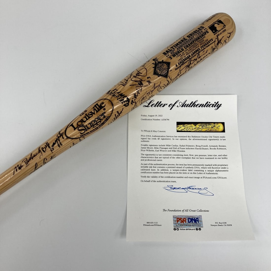 Baltimore Orioles Multi Signed 34.5" Bat 48 Autographs PSA: Baltimore Orioles Multi Signed 34.5" Bat 48 Autographs PSA Celebrate the legacy of the Baltimore Orioles with this remarkable multi-signed bat, commemorating the team's 40th Anniversary. This 34.5" ba
