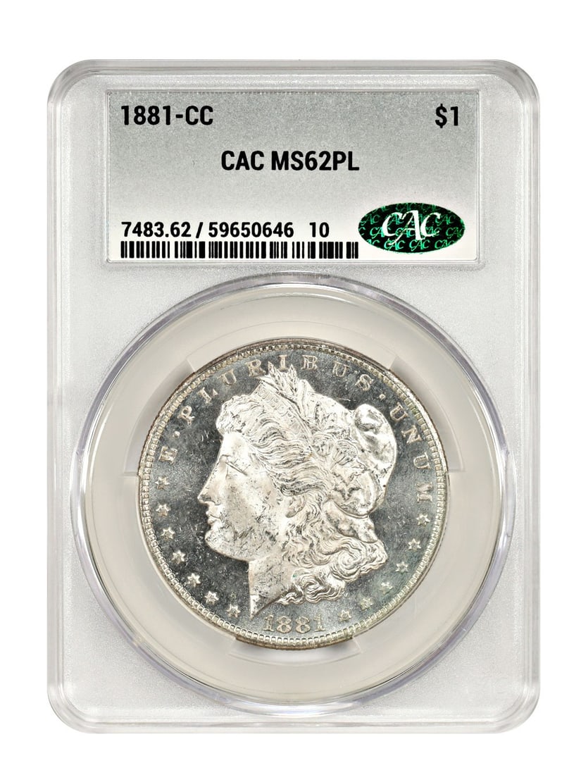 1881 Carson City Morgan Silver Dollar CACG MS62 Prooflike: 1881 Carson City Morgan Silver Dollar CACG MS62 Prooflike This is an 1881 Carson City Morgan Dollar, certified by CACG with a grade of MS62PL. The coin is uncirculated and features a proof-like (PL) s