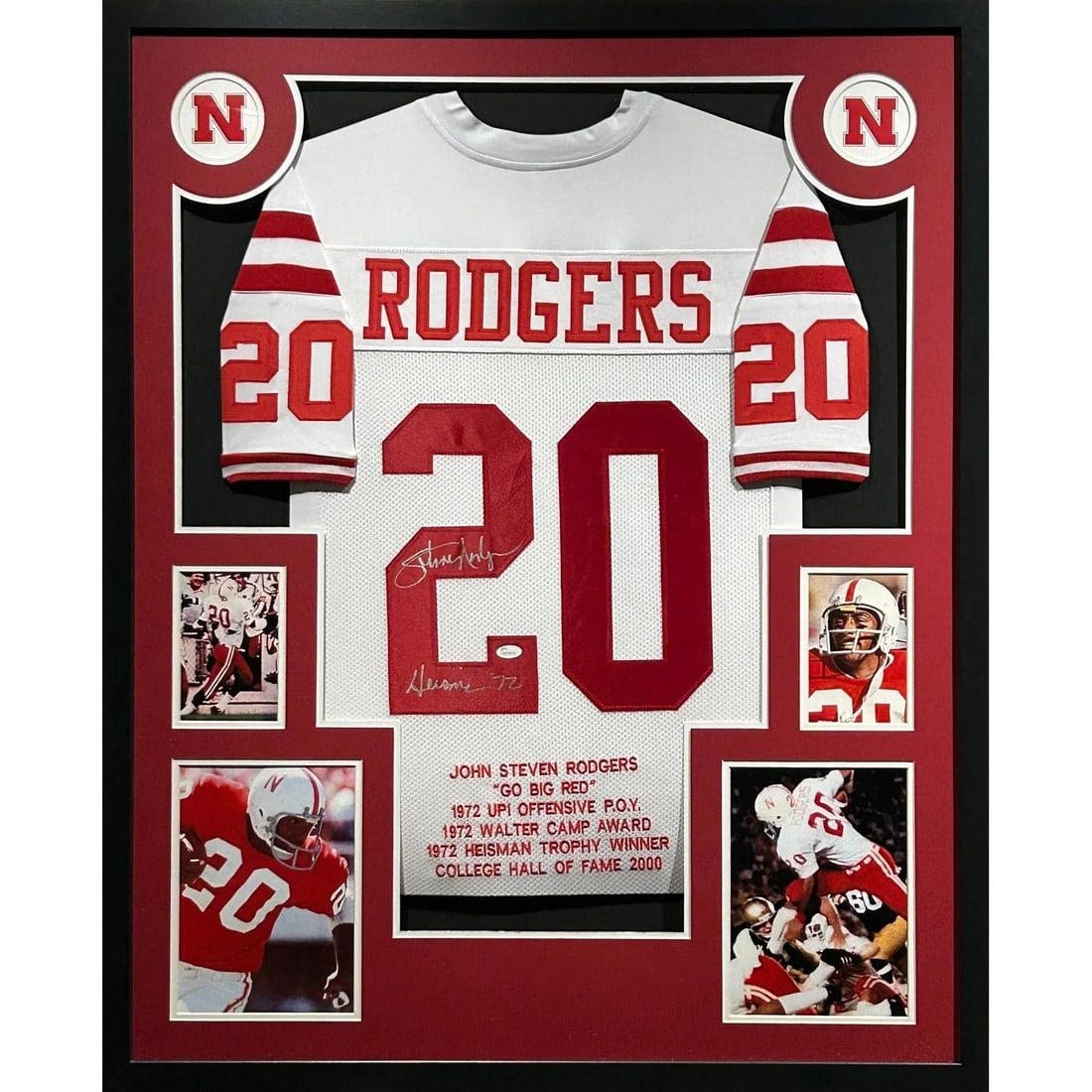 Johnny Rodgers Autographed Framed Jersey JSA Certified Nebraska Heisman: Johnny Rodgers Autographed Framed Jersey JSA Certified Nebraska Heisman This signed framed jersey features Johnny Rodgers, a celebrated Nebraska Heisman winner. It is authenticated by JSA, a leading n