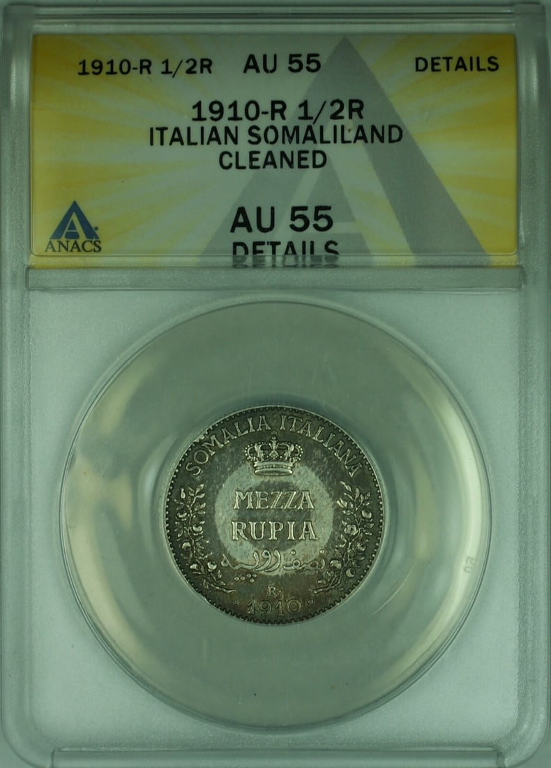 1910 Italian Somaliland 1/2 Rupia Silver ANACS AU-55 Details Cleaned: 1910 Italian Somaliland 1/2 Rupia Silver ANACS AU-55 Details Cleaned This 1910-R Italian Somaliland half rupia coin is composed of silver with a fineness of 0.917. Certified by ANACS with a grade of A