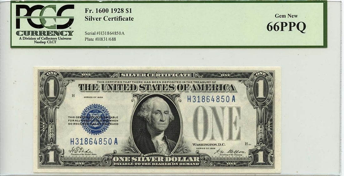 1928 $1 Blue Tate Mellon Silver Certificate PCGS MS66: 1928 $1 Blue Tate Mellon Silver Certificate PCGS MS66 This 1928 $1 Silver Certificate, designated as Fr# 1600, is an exceptional piece for collectors. Certified by PCGS Currency with a grade of GEM 66