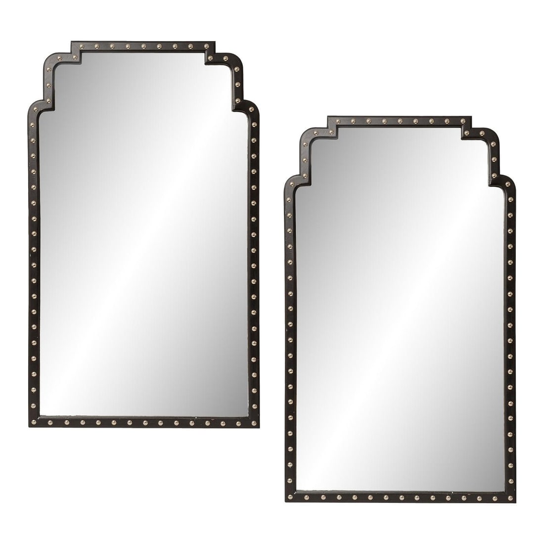 Mid Century Pair of Tall Wood Wall Mirrors with Nickel Nail Heads: Mid Century Pair of Tall Wood Wall Mirrors with Nickel Nail Heads Enhance your living space with this stylish pair of tall wood wall mirrors featuring large nickel nail heads, embodying a mid-century