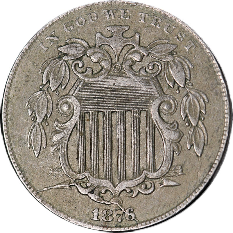 1876 Shield Nickel With Prominent Die Break Choice XF Circulated: 1876 Shield Nickel With Prominent Die Break Choice XF Circulated This 1876 Shield Nickel features a notable die break, offering strong eye appeal and a well-defined strike. The coin is graded Choice E