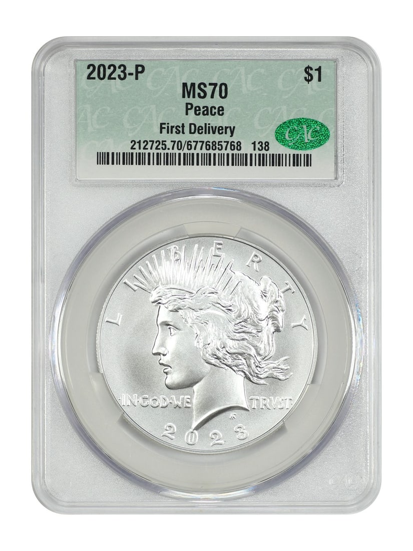 CACG MS70 2023 Philadelphia Peace Dollar First Delivery Silver Coin: CACG MS70 2023 Philadelphia Peace Dollar First Delivery Silver Coin This 2023-P Peace Dollar is a modern commemorative coin certified by CACG with a grade of MS70, indicating it is in un-used conditio
