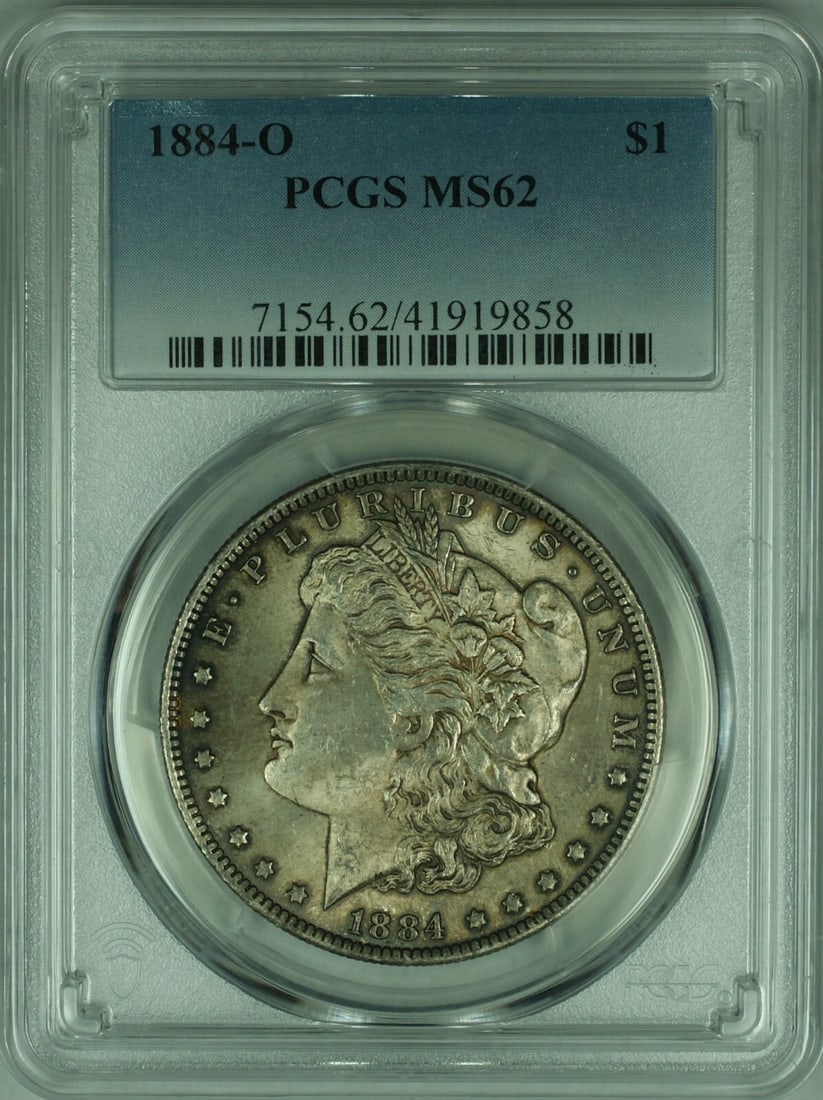 PCGS MS-62 1884-O Morgan Dollar Silver Coin New Orleans Mint Toned: PCGS MS-62 1884-O Morgan Dollar Silver Coin New Orleans Mint Toned This is an 1884-O Morgan Silver Dollar graded MS-62 by PCGS. Struck at the New Orleans Mint, this uncirculated coin features attracti