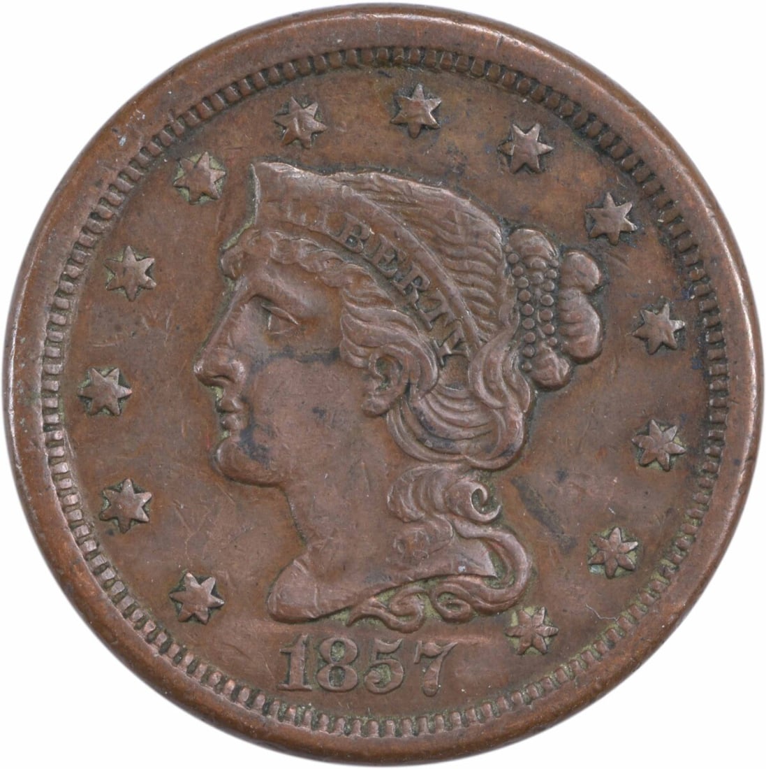 1857 Braided Hair Large Cent Small Date Copper Coin EF Uncertified: 1857 Braided Hair Large Cent Small Date Copper Coin EF Uncertified This 1857 Braided Hair Large Cent features a small date and was minted in Philadelphia. Designed by Christian Gobrecht, the coin is c