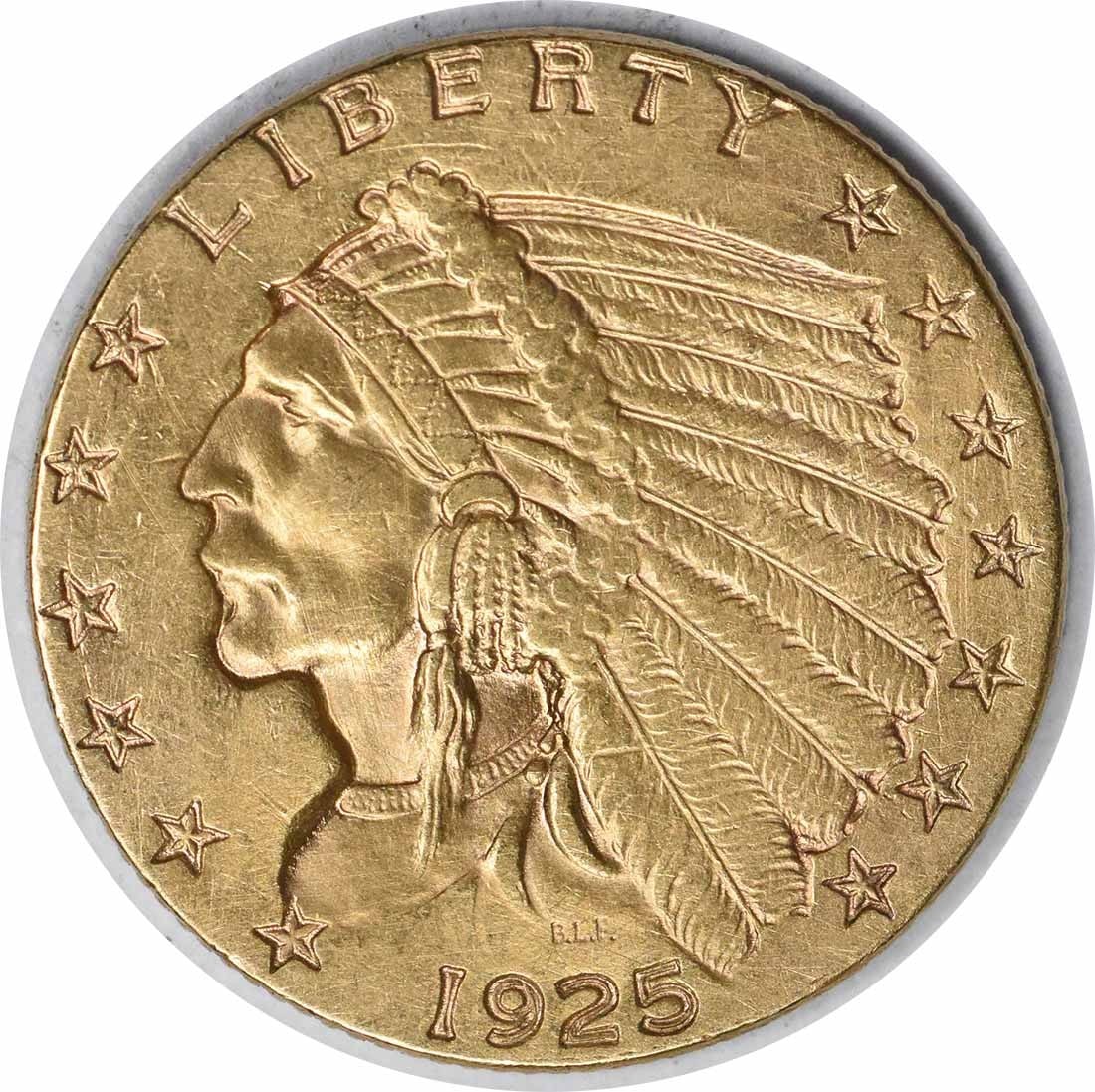 1925-D Gold Indian $2.50 Coin AU Grade Denver Mint: 1925-D Gold Indian $2.50 Coin AU Grade Denver Mint This 1925-D $2.50 Gold Indian coin features a design by Bela Lyon Pratt and is crafted from 90% gold and 10% copper, showcasing a rich historical sig