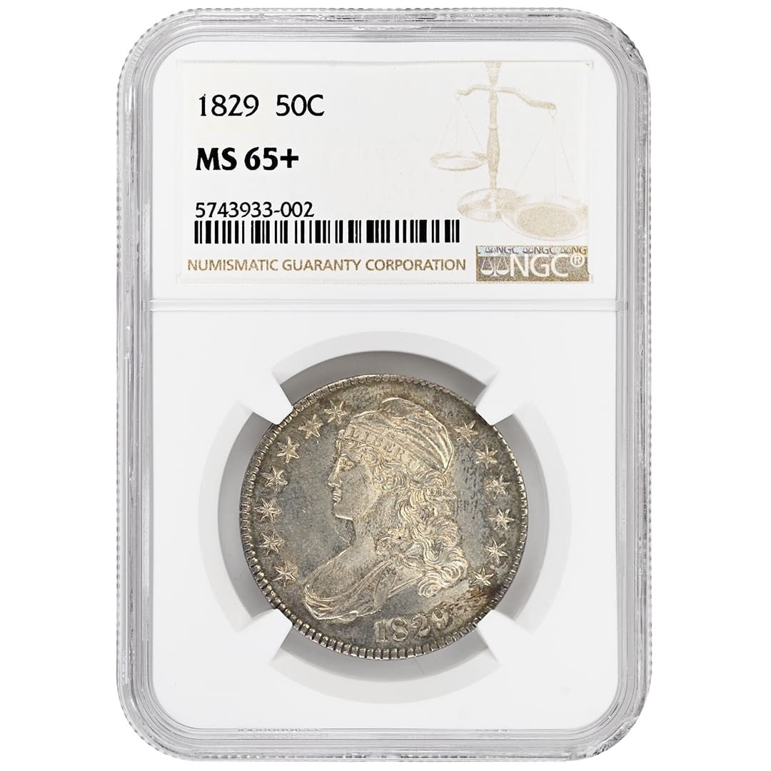 NGC MS65+ 1829 Capped Bust Half Dollar Silver Coin: NGC MS65+ 1829 Capped Bust Half Dollar Silver Coin This is an 1829 Capped Bust Half Dollar graded MS65+ by NGC. Struck in Philadelphia, this uncirculated rare coin features a Type 1 lettered edge. The