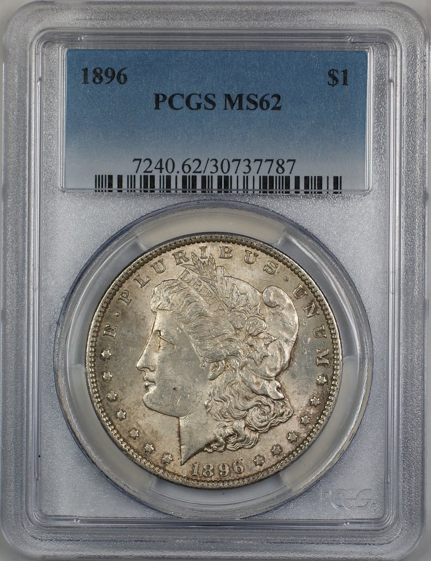 PCGS MS62 1896 Morgan Silver Dollar Philadelphia Light Toning: PCGS MS62 1896 Morgan Silver Dollar Philadelphia Light Toning This 1896 Morgan Silver Dollar is certified by PCGS with a grade of MS-62. Struck in Philadelphia, the coin features a lightly toned surfa
