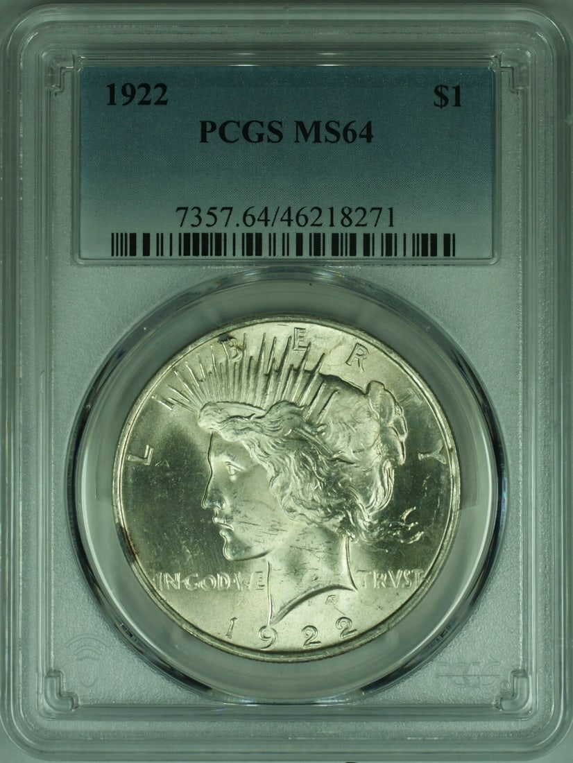 PCGS MS-64 1922 Peace Dollar Silver Coin Philadelphia Mint: PCGS MS-64 1922 Peace Dollar Silver Coin Philadelphia Mint This 1922 Peace Silver Dollar is an un-used, pre-owned coin certified by PCGS with a grade of MS-64. Composed of 90% silver, this $1 denomina