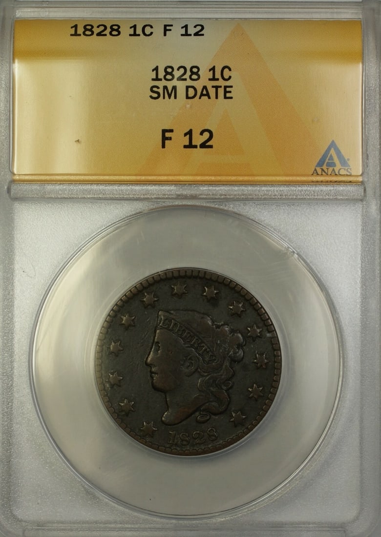 ANACS VG-8 1828 Small Date US Large Cent Copper 1C Coin: ANACS VG-8 1828 Small Date US Large Cent Copper 1C Coin This is an 1828 Small Date Large Cent 1c coin from the United States, certified by ANACS with a grade of F 12. The coin is made of copper, minte