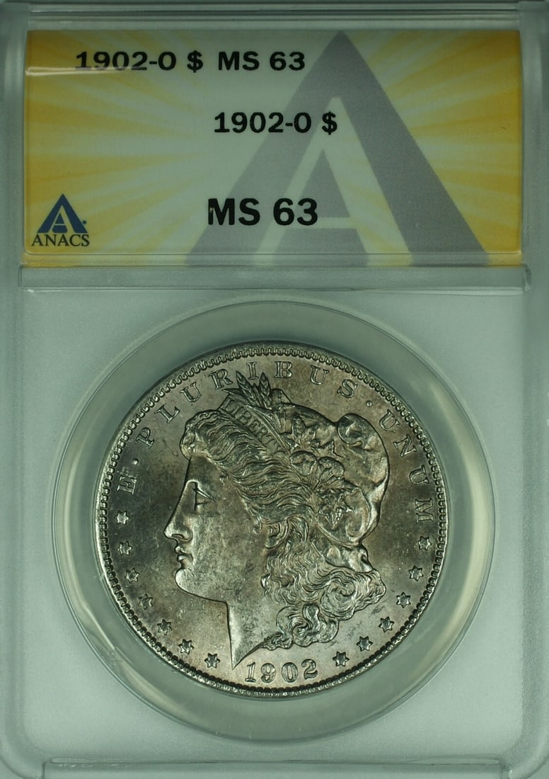 ANACS MS 63 1902 O Morgan Silver Dollar with Attractive Toning: ANACS MS 63 1902 O Morgan Silver Dollar with Attractive Toning This is a 1902-O Morgan Silver Dollar $1 coin, minted in New Orleans. The coin is composed of silver, has received a grade of MS-63 from