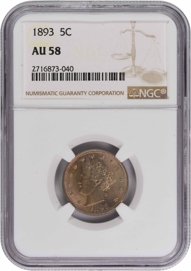 NGC AU58 1893 Liberty Head Nickel from Philadelphia Mint: NGC AU58 1893 Liberty Head Nickel from Philadelphia Mint This 1893 Liberty Nickel is graded AU58 by NGC and features a design by Charles E. Barber. The coin was minted in Philadelphia and is composed