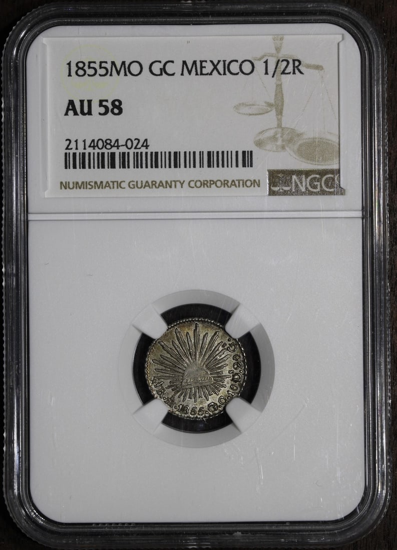 1855-Mo Mexico 1/2 Real Coin NGC AU58 Silver Lovely Tone (1 of 2)