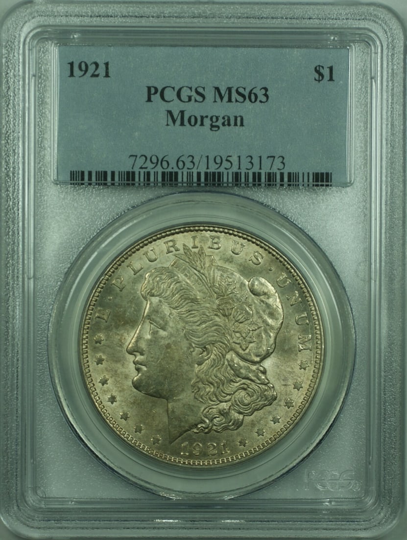 1921 $1 Morgan Silver Dollar PCGS MS63 Philadelphia Light Toning: 1921 $1 Morgan Silver Dollar PCGS MS63 Philadelphia Light Toning This is a 1921 Morgan Silver Dollar $1 coin, certified by PCGS with a grade of MS-63. The coin is composed of 90% silver and is lightly
