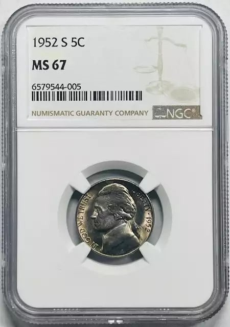1952 S Jefferson Nickel NGC MS-67 Uncirculated High Luster: 1952 S Jefferson Nickel NGC MS-67 Uncirculated High Luster This 1952 S Nickel Jefferson is a stunning example of numismatic excellence, graded MS-67 by NGC, ensuring its outstanding preservation and i