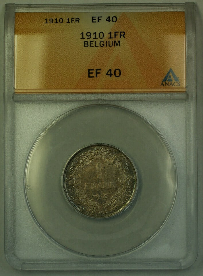 Belgium 1910 1 Frank Silver ANACS XF 40 Certified Toned Coin: Belgium 1910 1 Frank Silver ANACS XF 40 Certified Toned Coin This 1910 Belgium 1 Frank silver coin features the portrait of King Albert I and is inscribed in Dutch. Certified by ANACS with an EF-40 (E